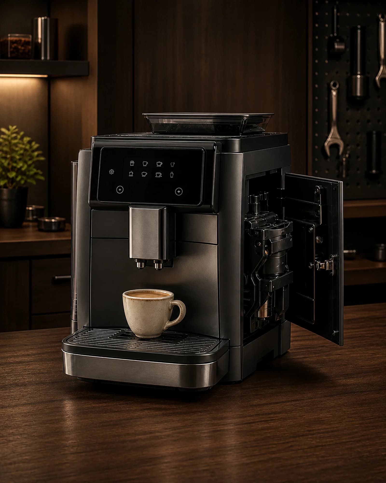 Automatic coffee machine with a cup and an open service door